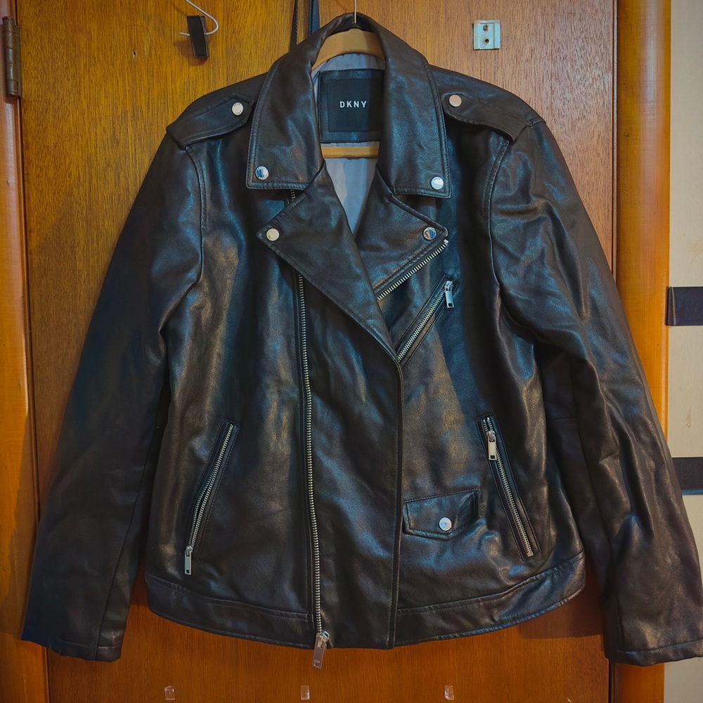 DKNY Dark Leather Biker Jacket